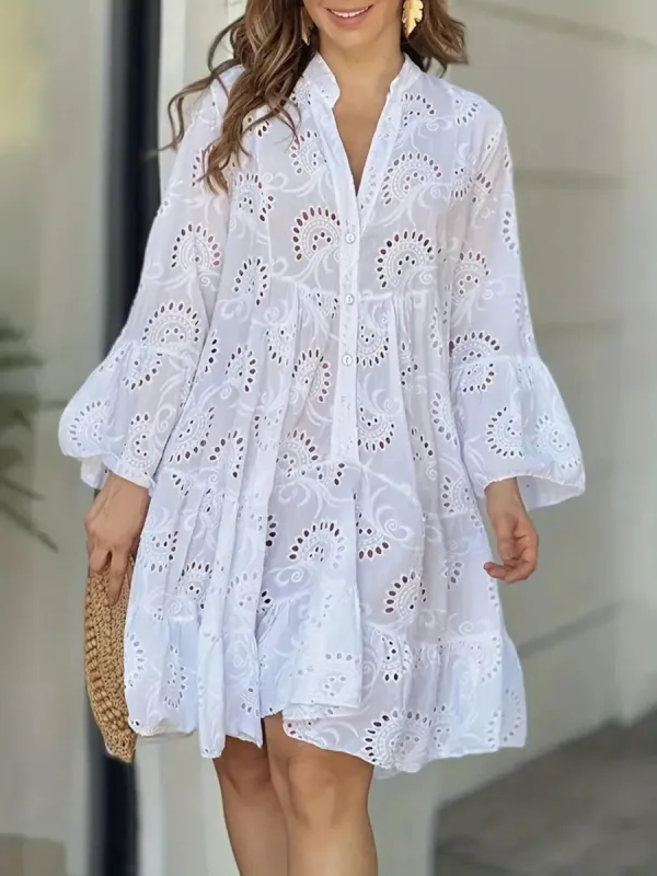 Ruffle Hem Eyelet Notched Long Sleeve Dress sold by Charming Charlie