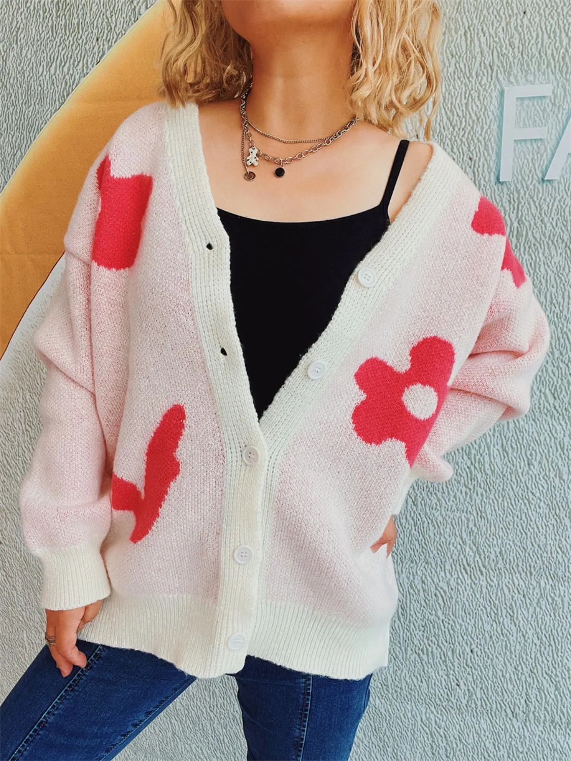Flower Button Down V-Neck Long Sleeve Cardigan sold by Charming Charlie product image thumbnail 4