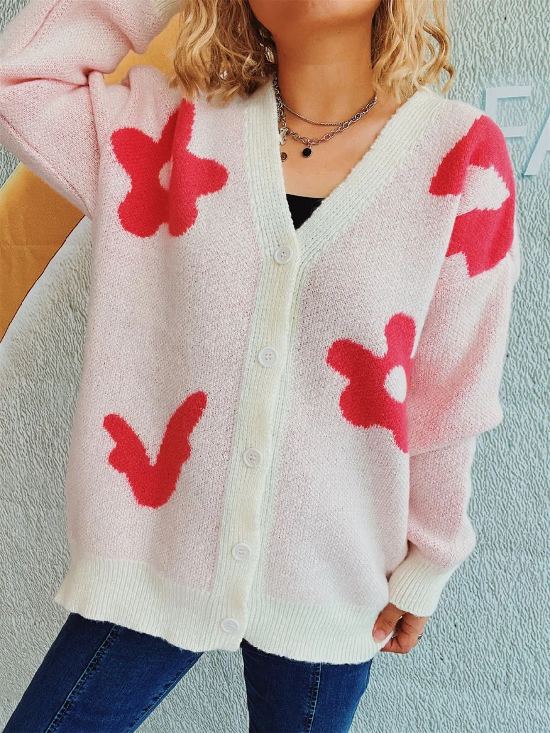 Flower Button Down V-Neck Long Sleeve Cardigan sold by Charming Charlie