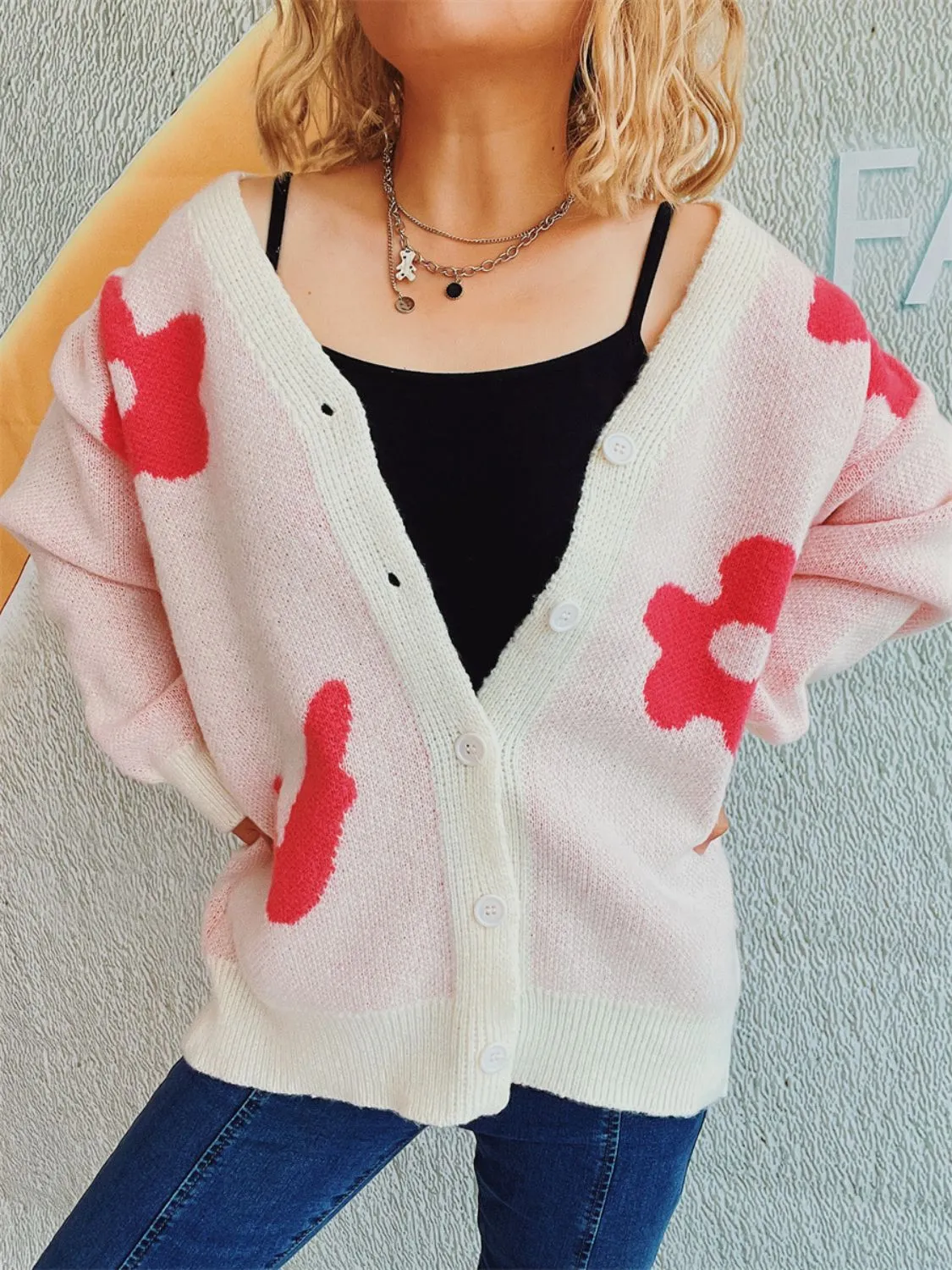 Flower Button Down V-Neck Long Sleeve Cardigan sold by Charming Charlie product image thumbnail 2