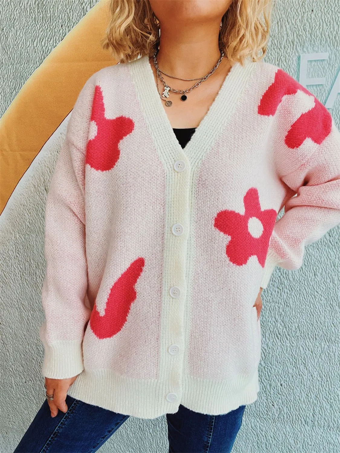 Flower Button Down V-Neck Long Sleeve Cardigan sold by Charming Charlie product image thumbnail 3