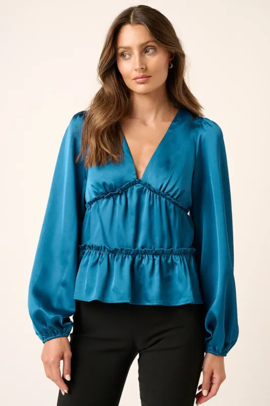Mittoshop Satin V Neck Ruffled Tier Blouse sold by Charming Charlie