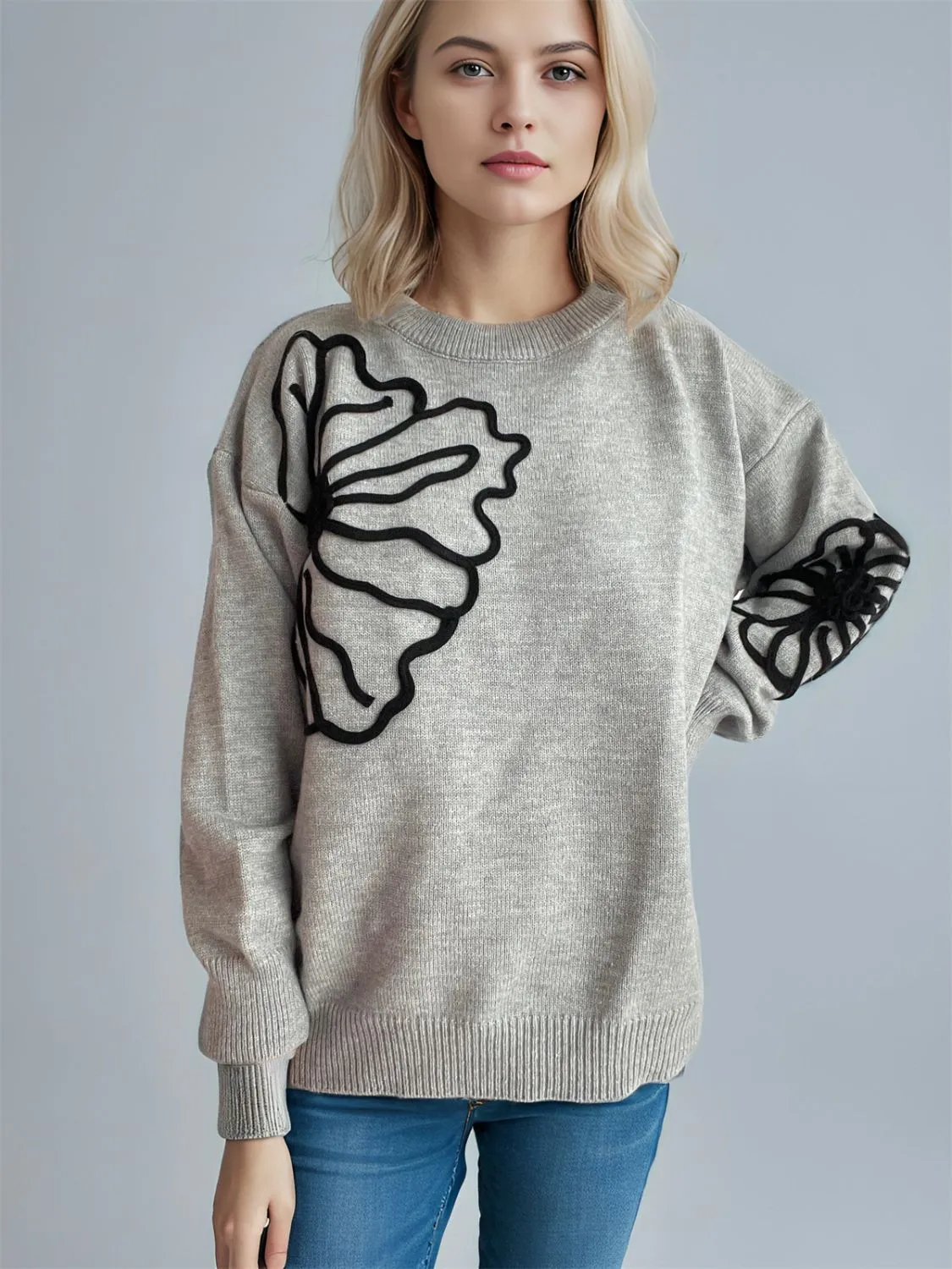 Flower Round Neck Long Sleeve Sweater sold by Charming Charlie product image thumbnail 3