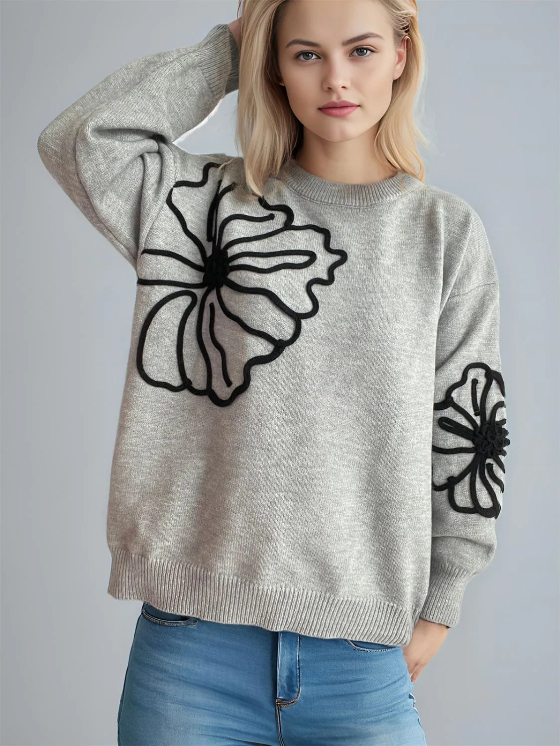 Flower Round Neck Long Sleeve Sweater sold by Charming Charlie product image thumbnail 4