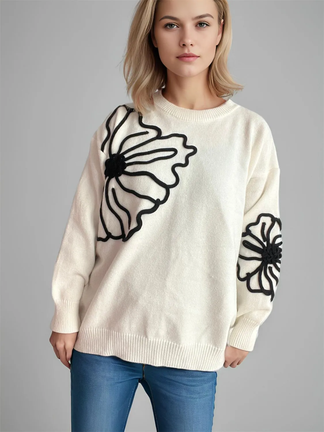 Flower Round Neck Long Sleeve Sweater sold by Charming Charlie product image thumbnail 5