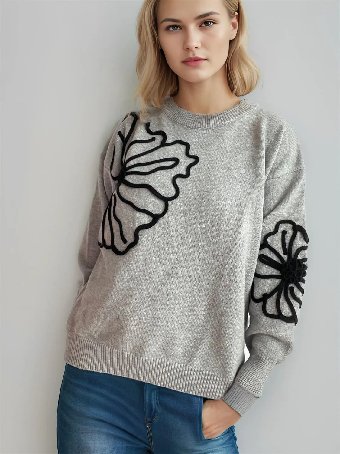 Flower Round Neck Long Sleeve Sweater sold by Charming Charlie product image thumbnail 2