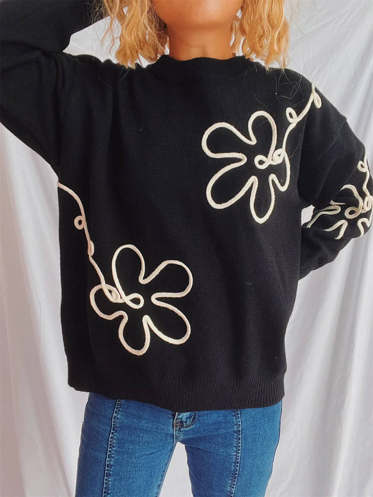 Flower Round Neck Long Sleeve Sweater sold by Charming Charlie product image thumbnail 4