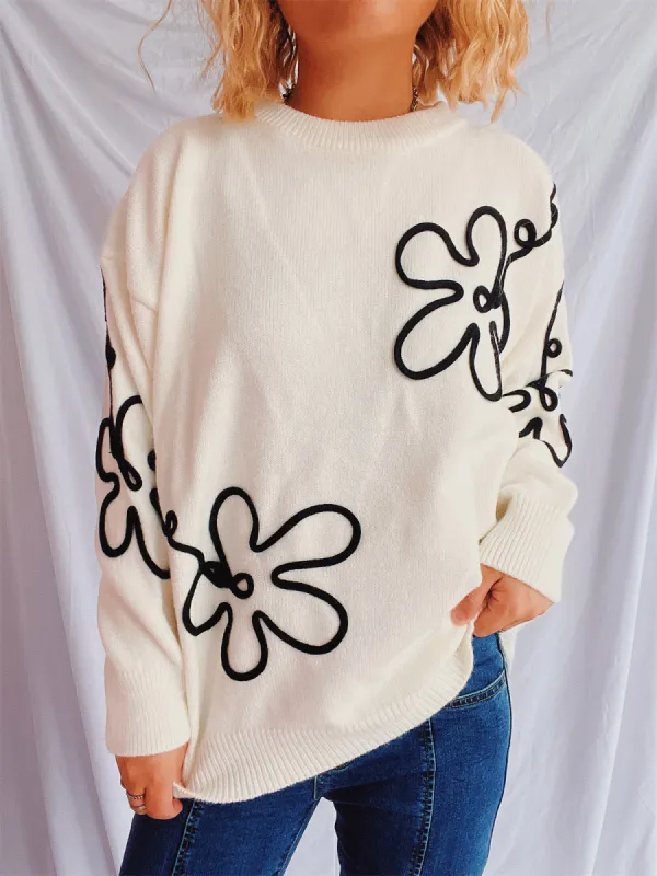 Flower Round Neck Long Sleeve Sweater sold by Charming Charlie