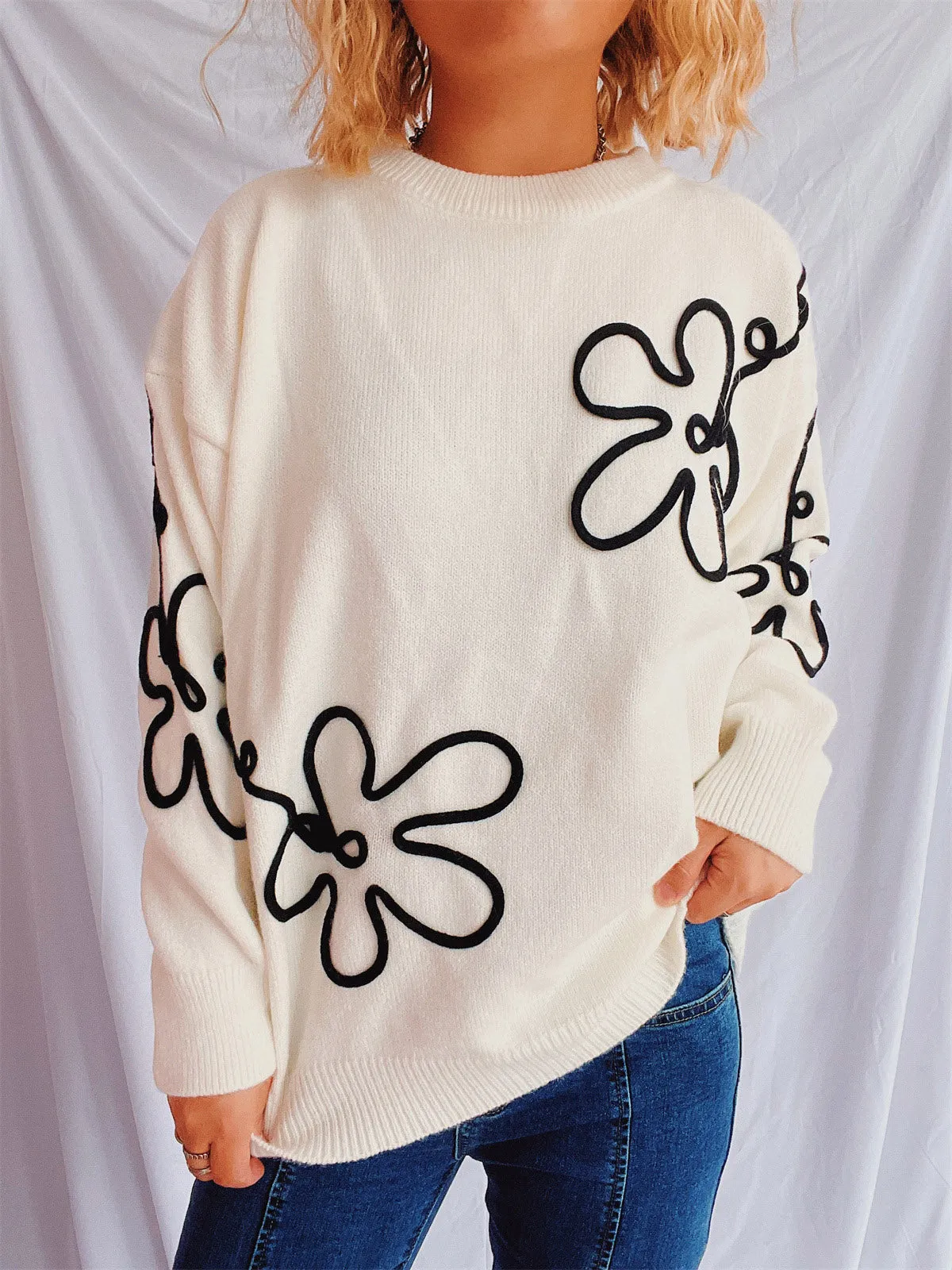 Flower Round Neck Long Sleeve Sweater sold by Charming Charlie