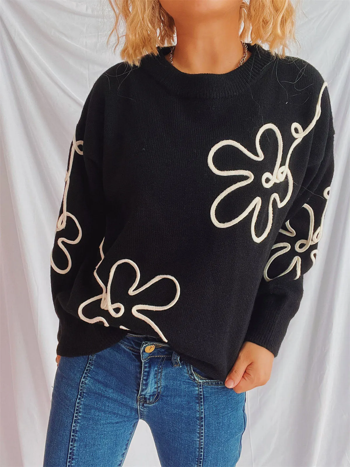 Flower Round Neck Long Sleeve Sweater sold by Charming Charlie product image thumbnail 5