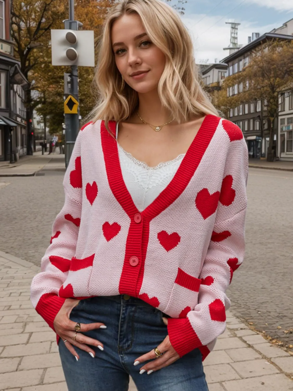 Heart Button Up Dropped Shoulder Long Sleeve Cardigan sold by Charming Charlie