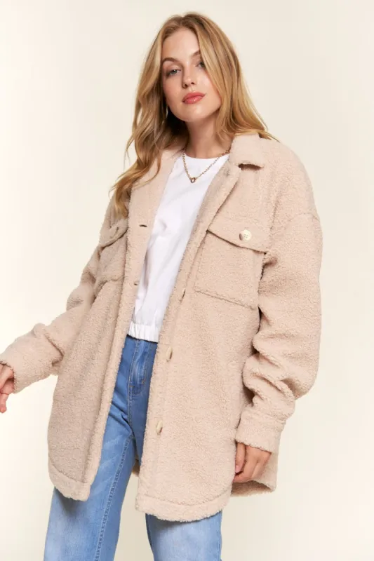 And The Why Teddy Sherpa Button Down Curved Hem Shacket sold by Charming Charlie