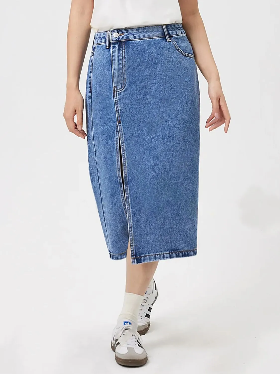 Slit Midi Denim Skirt with Pockets sold by Charming Charlie product image thumbnail 5