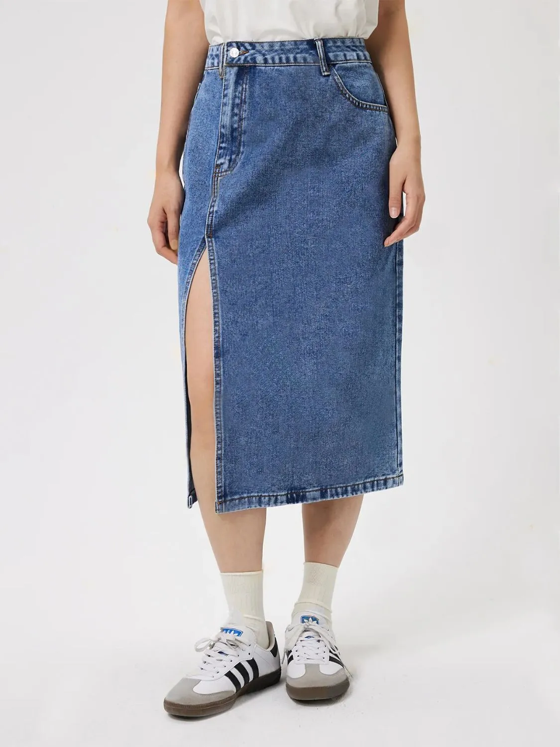 Slit Midi Denim Skirt with Pockets sold by Charming Charlie