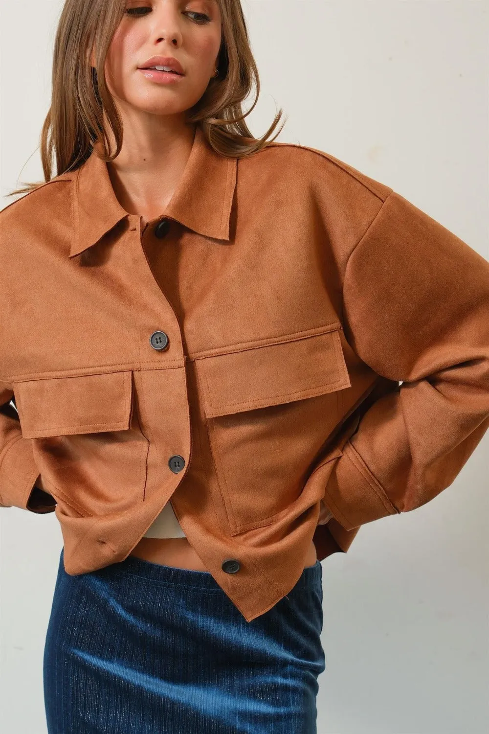 HYFVE Suede Button Down Cropped Jacket sold by Charming Charlie product image thumbnail 4