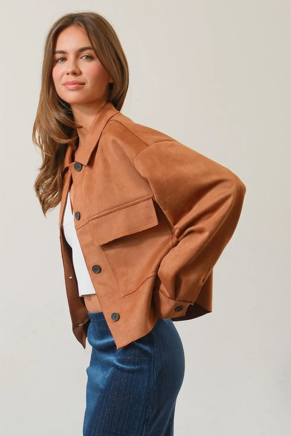 HYFVE Suede Button Down Cropped Jacket sold by Charming Charlie product image thumbnail 3