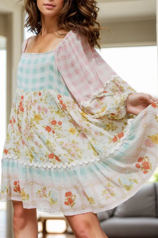 Printed Plaid Square Neck Long Sleeve Mini Dress sold by Charming Charlie