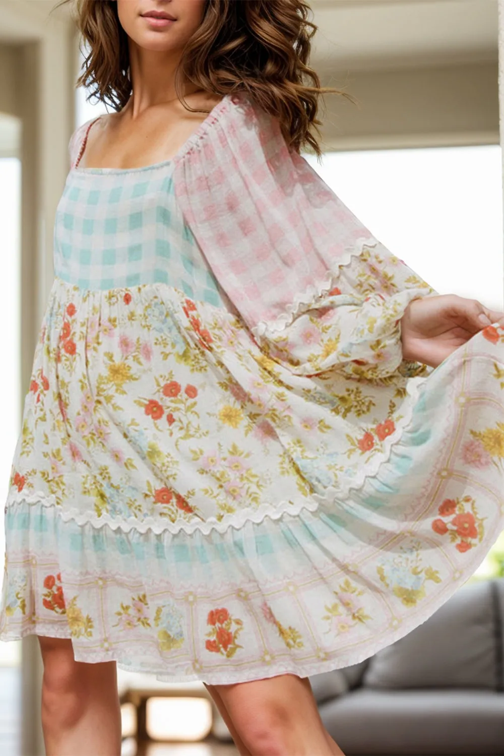 Printed Plaid Square Neck Long Sleeve Mini Dress sold by Charming Charlie