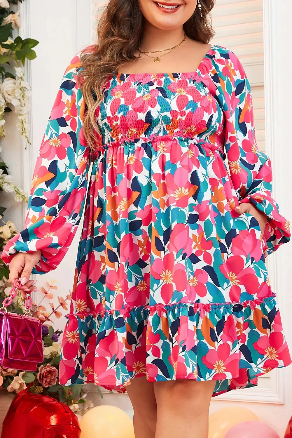 Plus Size Smocked Floral Square Neck Balloon Sleeve Dress sold by Charming Charlie