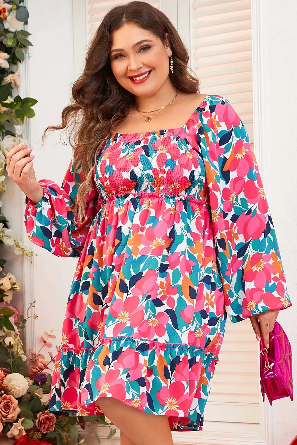 Plus Size Smocked Floral Square Neck Balloon Sleeve Dress sold by Charming Charlie product image thumbnail 5