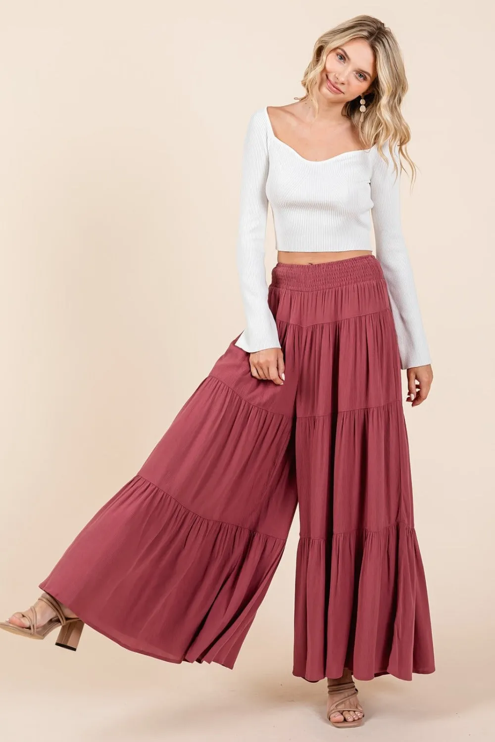 Mittoshop Tier Detail Smocked Elastic Waist Wide Leg Pants sold by Charming Charlie