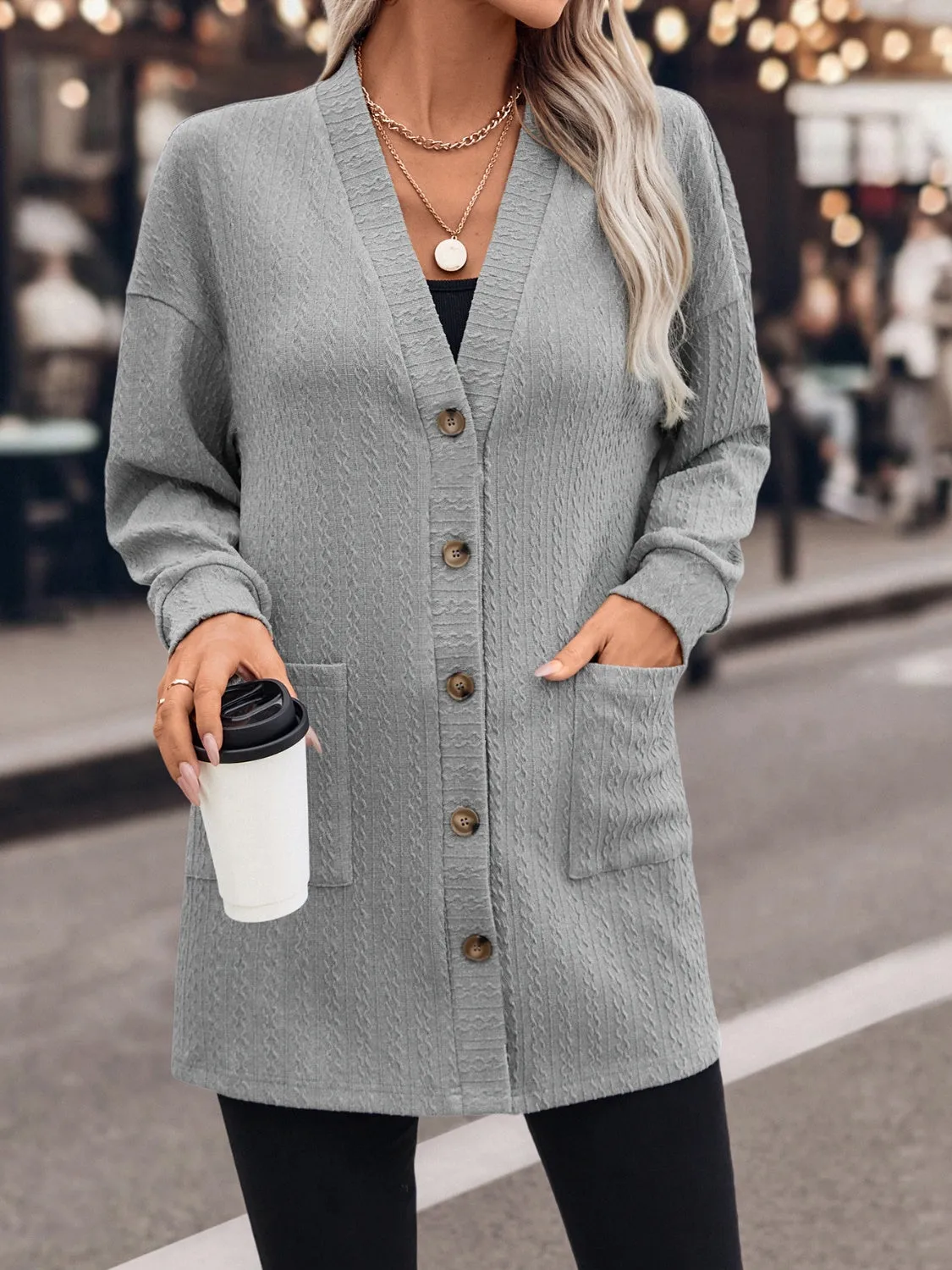 Textured Button Down V-Neck Long Sleeve Cardigan sold by Charming Charlie product image thumbnail 5