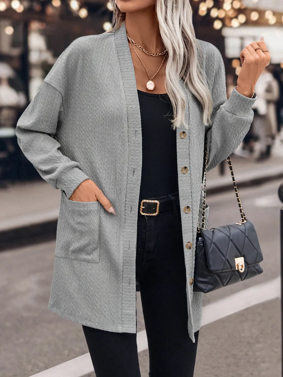 Textured Button Down V-Neck Long Sleeve Cardigan sold by Charming Charlie product image thumbnail 3
