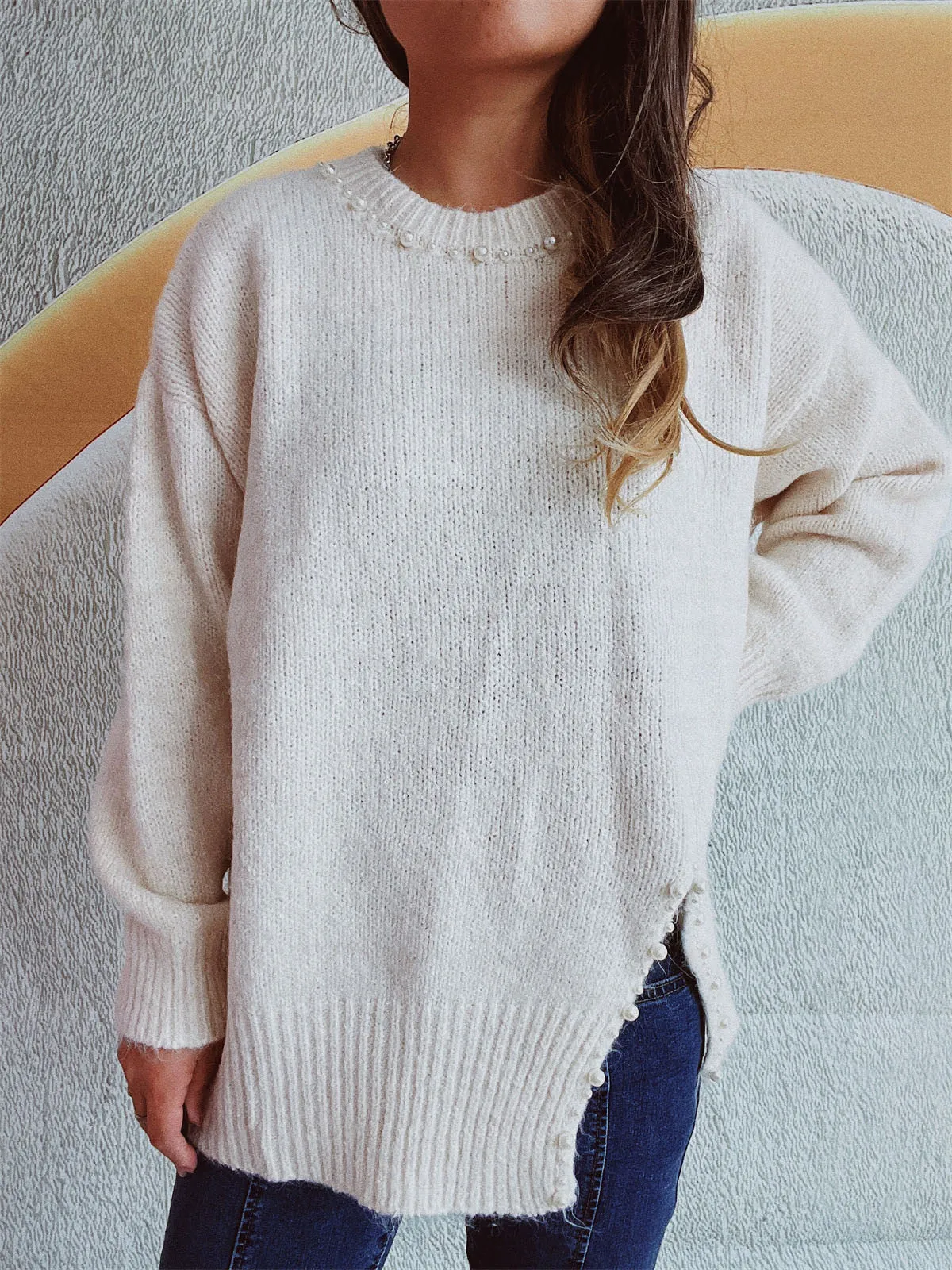 Slit Pearl Trim Round Neck Long Sleeve Sweater sold by Charming Charlie product image thumbnail 5