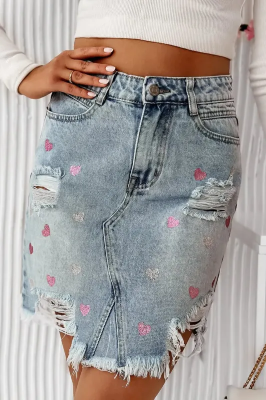 Distressed Raw Hem Heart Mini Denim Skirt sold by Charming Charlie