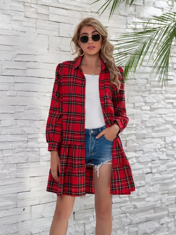 Ruffle Hem Plaid Button Down Long Sleeve Dress sold by Charming Charlie