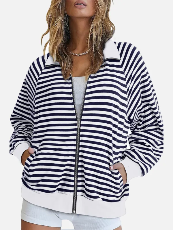 Striped Zip Up Long Sleeve Sweatshirt sold by Charming Charlie