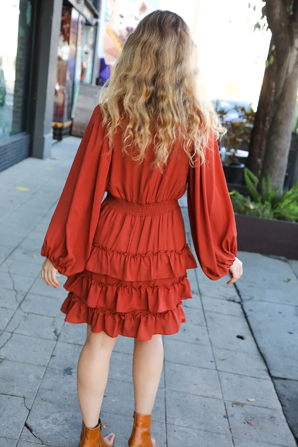 Rust Smocked Waist Tiered Ruffle Lined Dress sold by Charming Charlie product image thumbnail 2