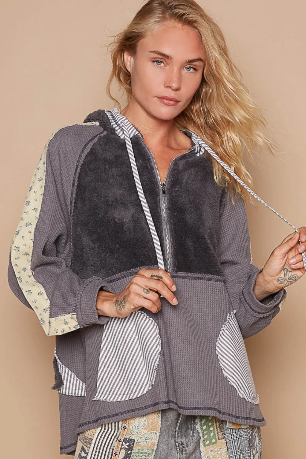 POL Half Zip Up Fleece Mix Back Star Patch Hoodie sold by Charming Charlie