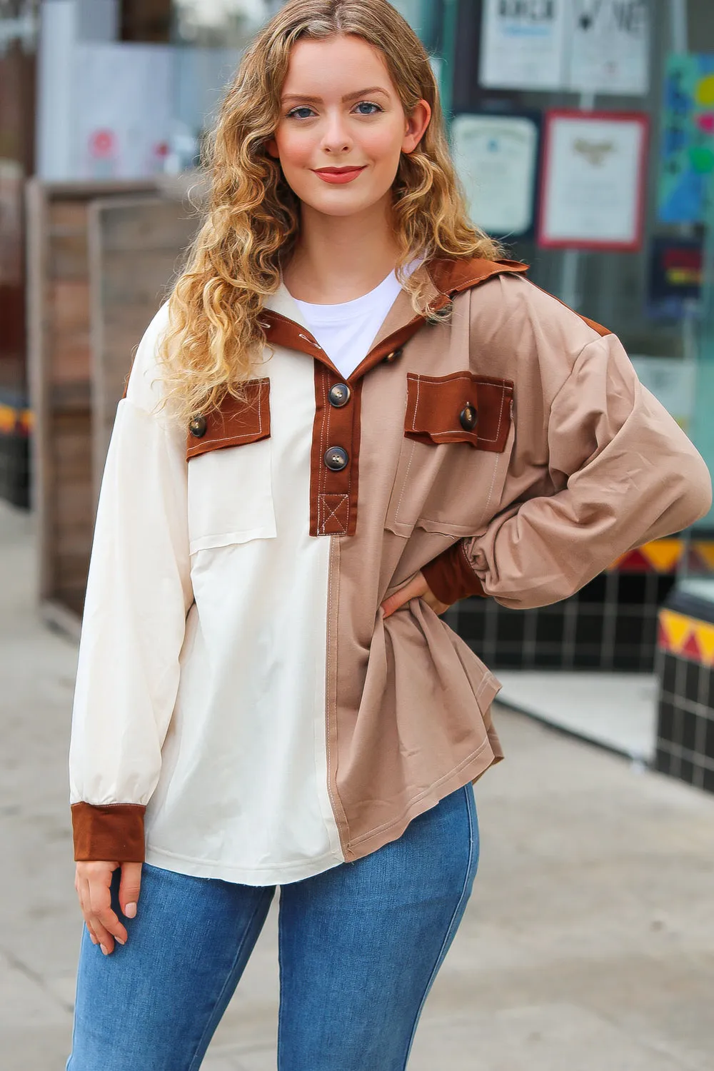 Sepia Ivory & Taupe Color Block Button Down Pullover sold by Charming Charlie product image thumbnail 2
