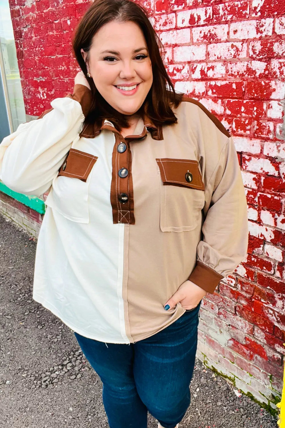 Sepia Ivory & Taupe Color Block Button Down Pullover sold by Charming Charlie product image thumbnail 3