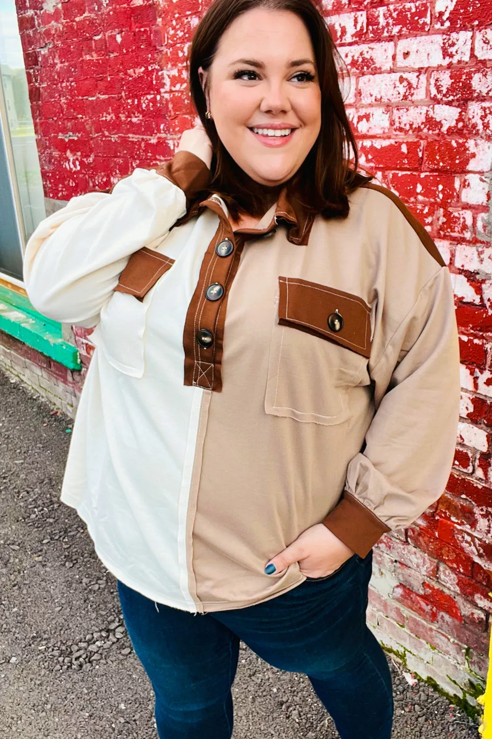 Sepia Ivory & Taupe Color Block Button Down Pullover sold by Charming Charlie product image thumbnail 5