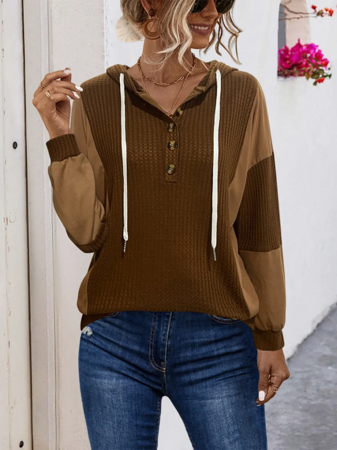 Drawstring Contrast Long Sleeve Hoodie sold by Charming Charlie