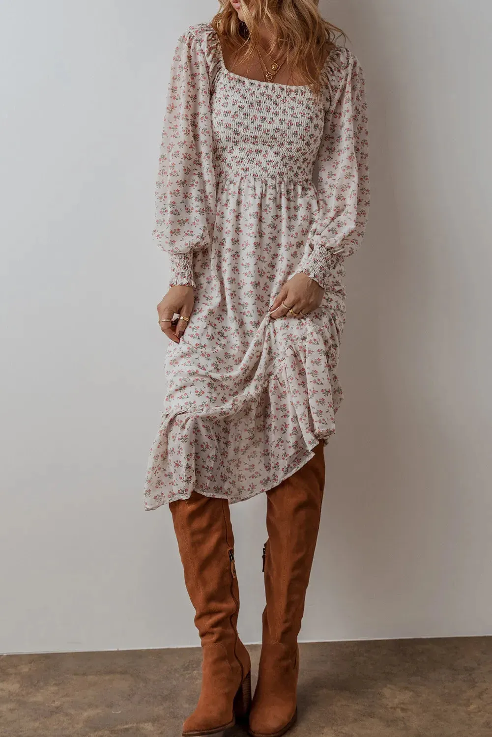 Smocked Floral Square Neck Long Sleeve Midi Dress sold by Charming Charlie product image thumbnail 4