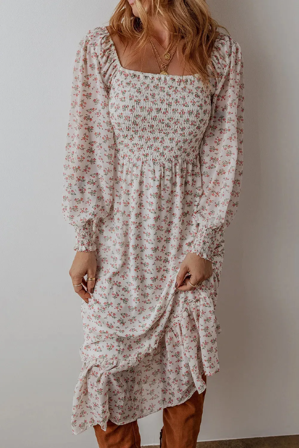 Smocked Floral Square Neck Long Sleeve Midi Dress sold by Charming Charlie product image thumbnail 2