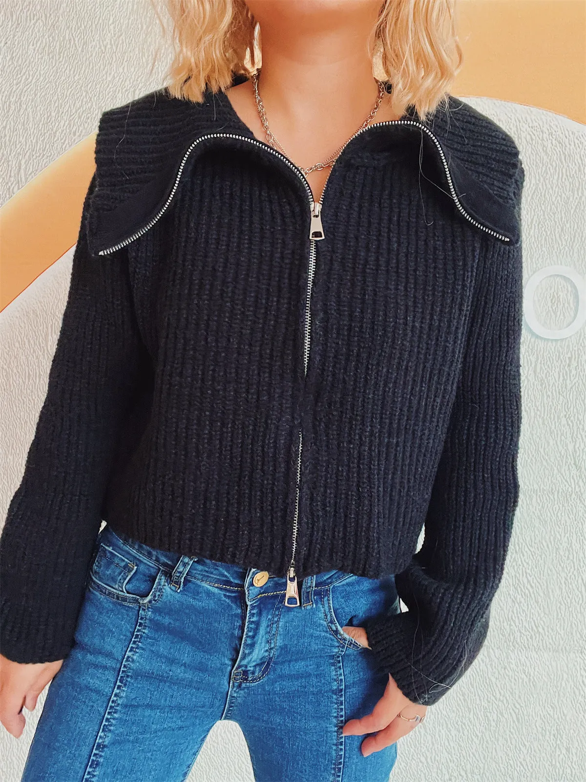 Collared Neck Zip Up Long Sleeve Cardigan sold by Charming Charlie product image thumbnail 3