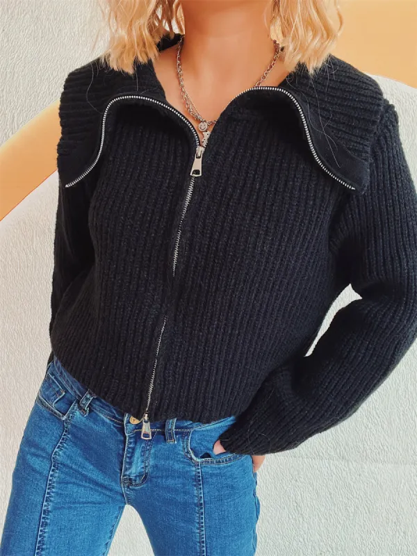 Collared Neck Zip Up Long Sleeve Cardigan sold by Charming Charlie