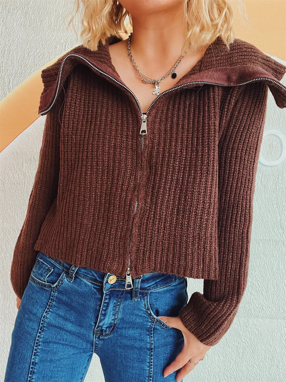 Collared Neck Zip Up Long Sleeve Cardigan sold by Charming Charlie product image thumbnail 5