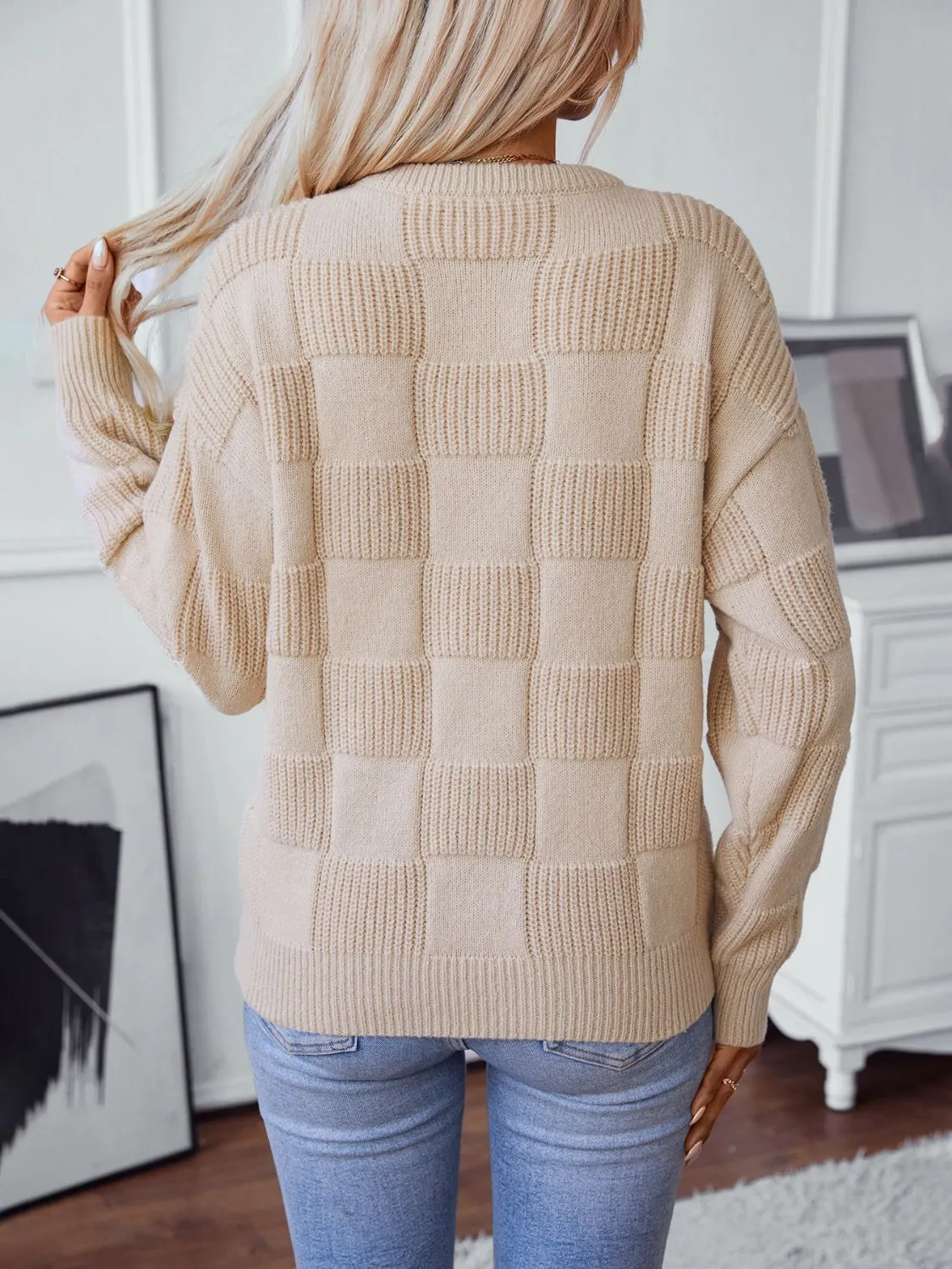 Checkered Round Neck Long Sleeve Sweater sold by Charming Charlie product image thumbnail 2