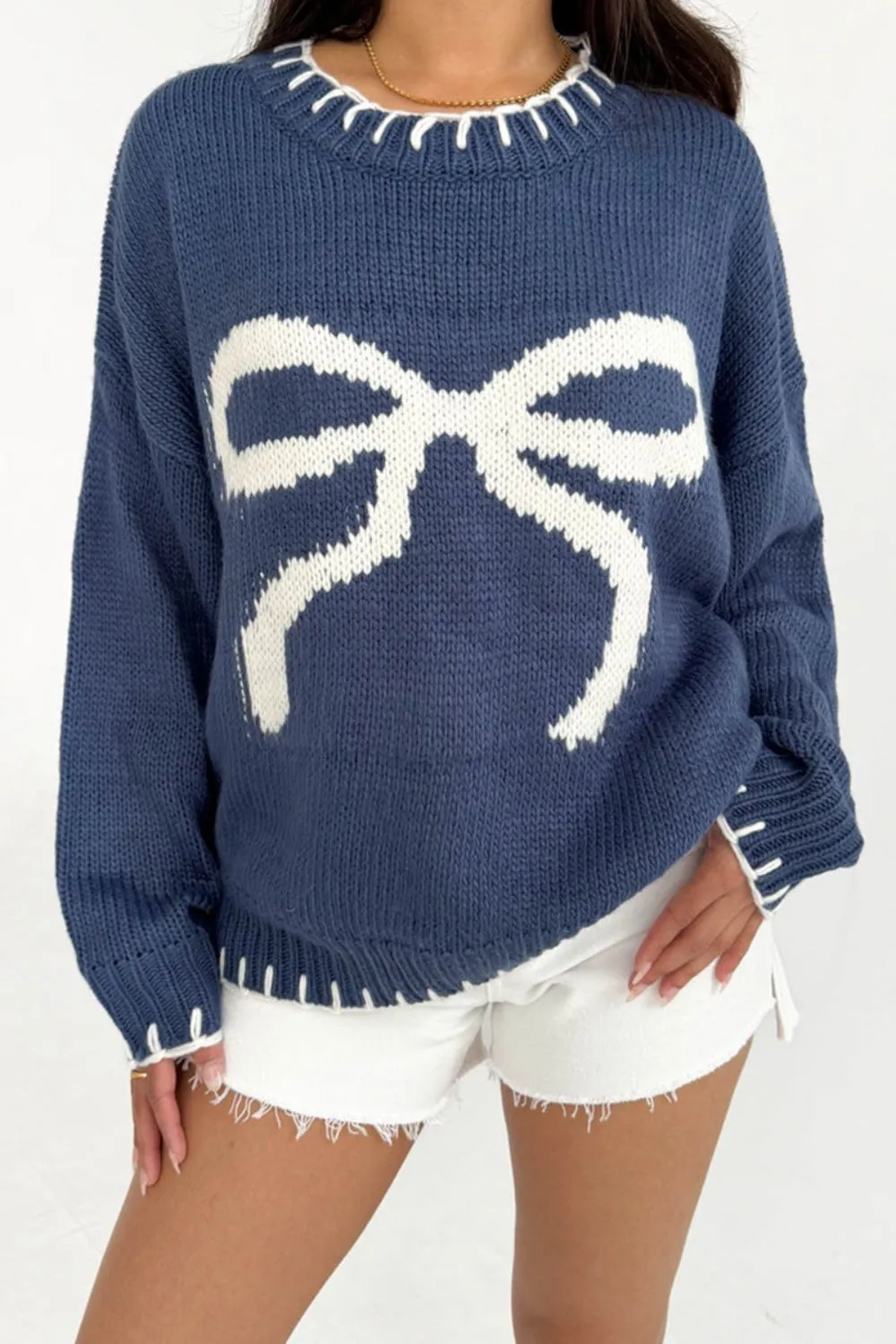 Bow Graphic Round Neck Long Sleeve Sweater sold by Charming Charlie
