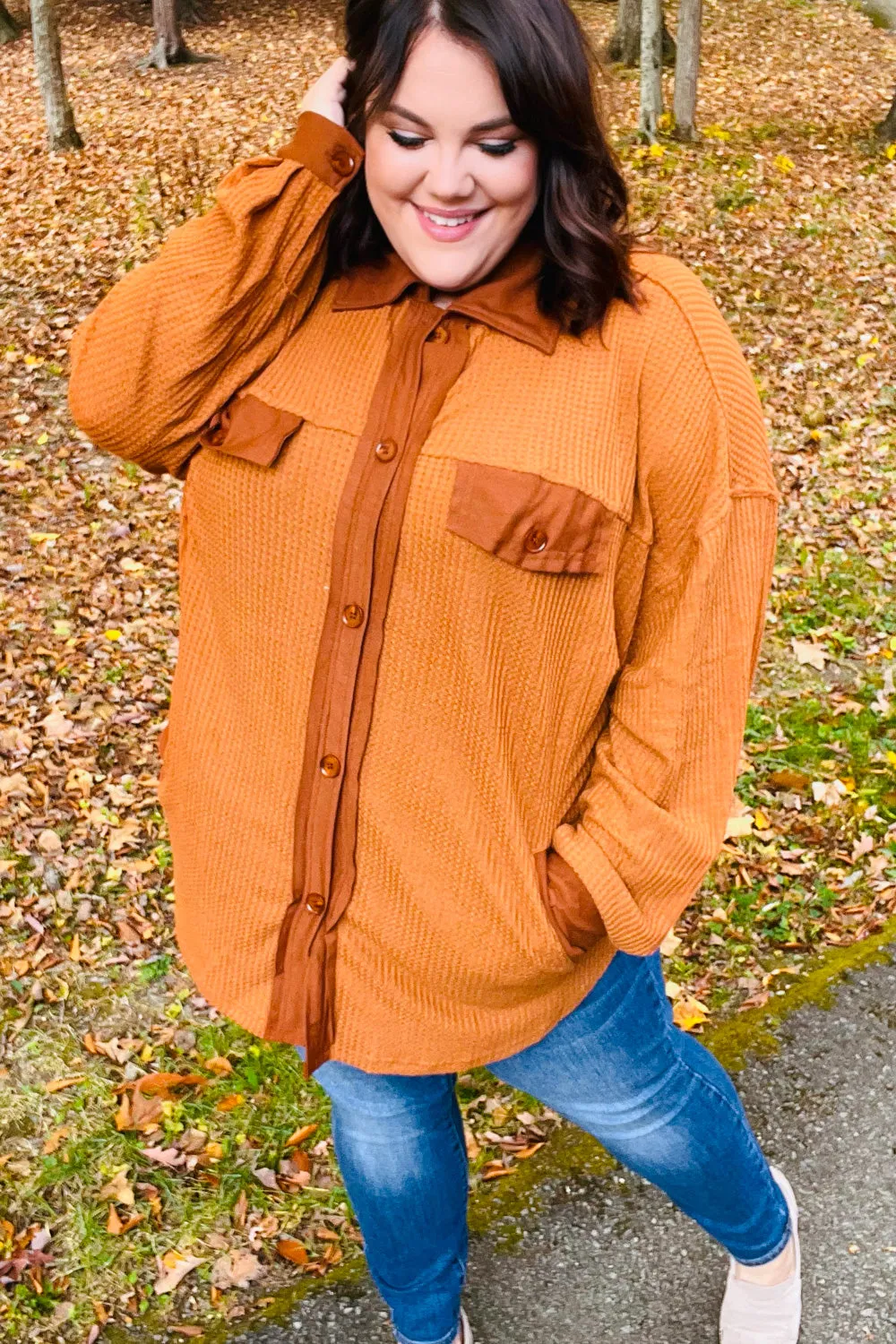 Rust Waffle Button Down Oversized Shacket sold by Charming Charlie product image thumbnail 5