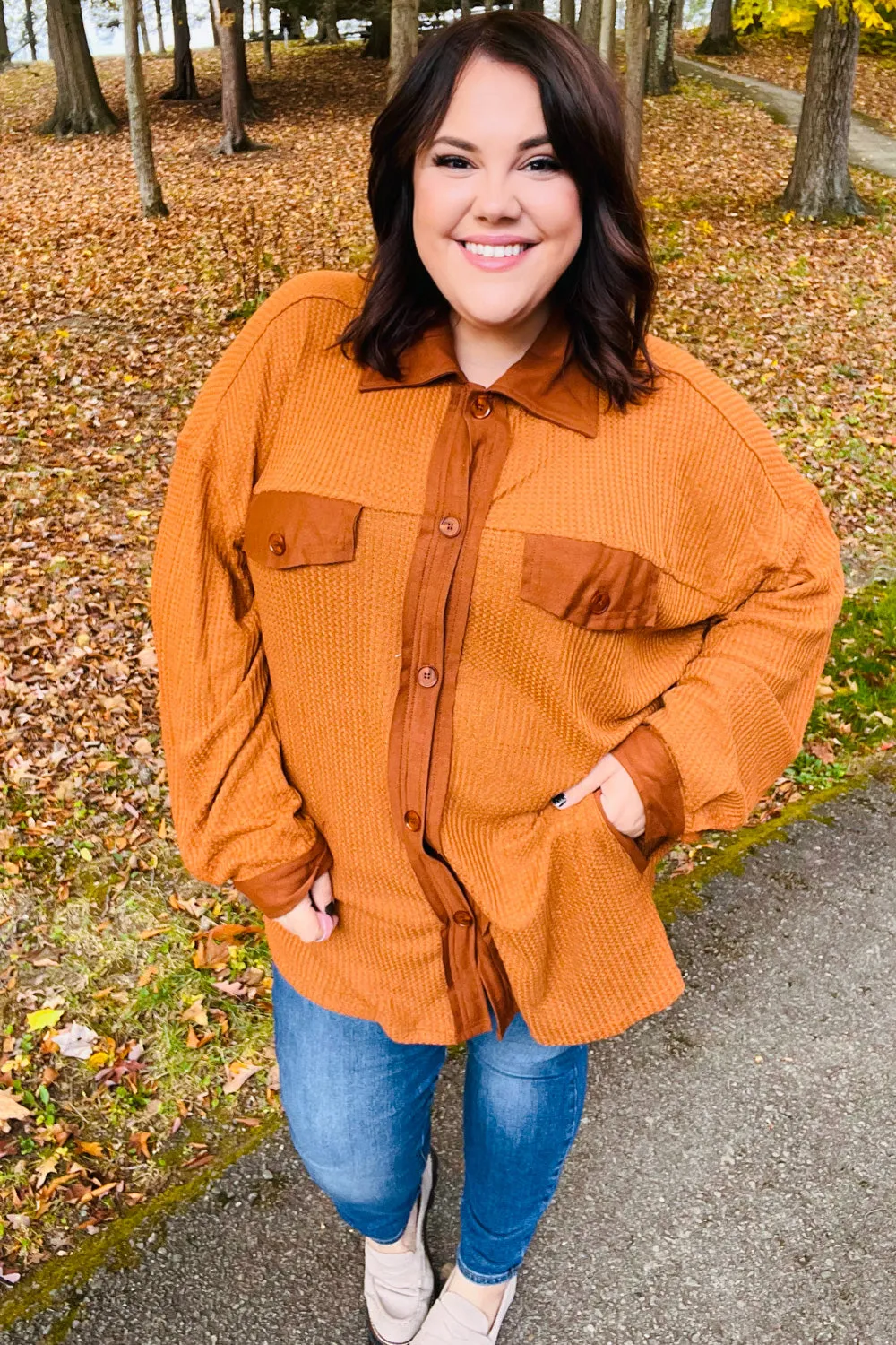 Rust Waffle Button Down Oversized Shacket sold by Charming Charlie