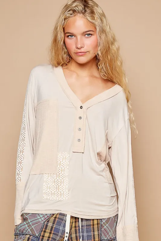 POL V-Neck Long Sleeve Floral Contrast Top sold by Charming Charlie