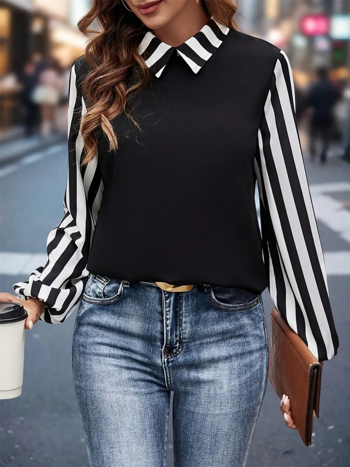Striped Collared Neck Long Sleeve Blouse sold by Charming Charlie product image thumbnail 5