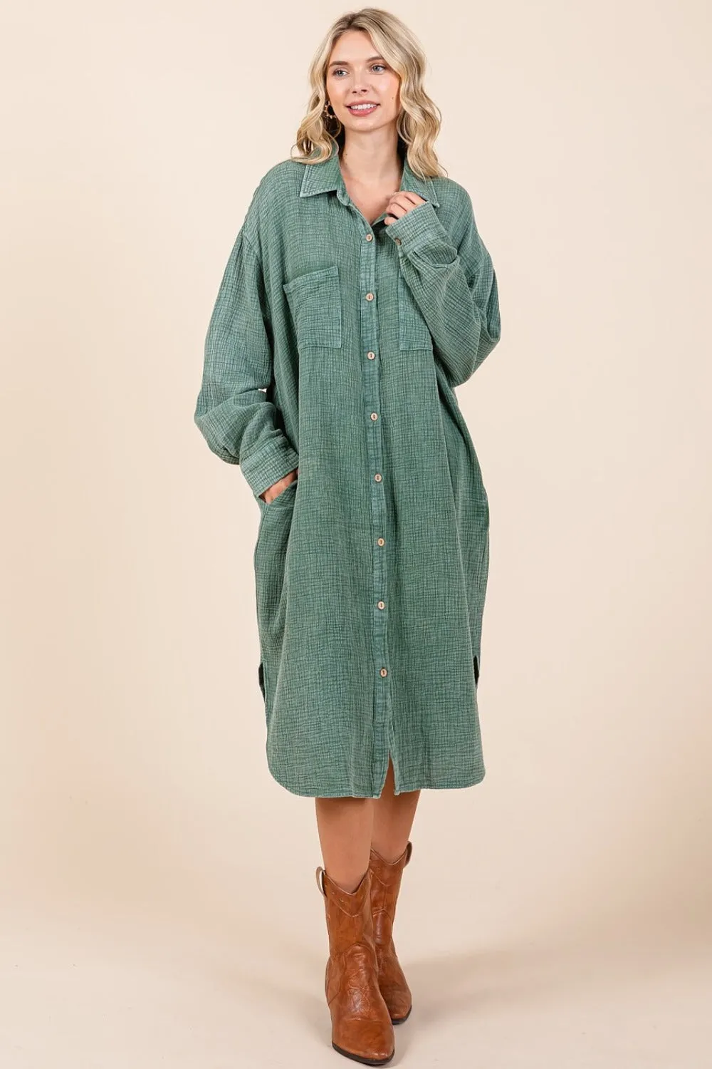 Mittoshop Mineral Wash Cotton Gauze Midi Shirt Dress sold by Charming Charlie product image thumbnail 4