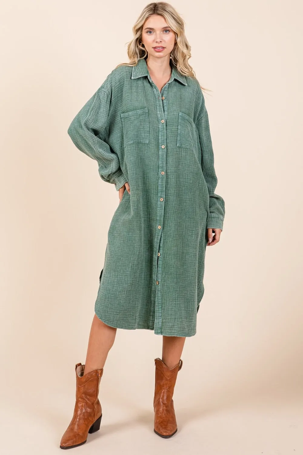 Mittoshop Mineral Wash Cotton Gauze Midi Shirt Dress sold by Charming Charlie